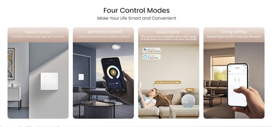 EA7 Zigbee Panel Control Methods: Physical Button, Mobile App, Voice Command (Alexa/Google), Timed Automation for Rooms