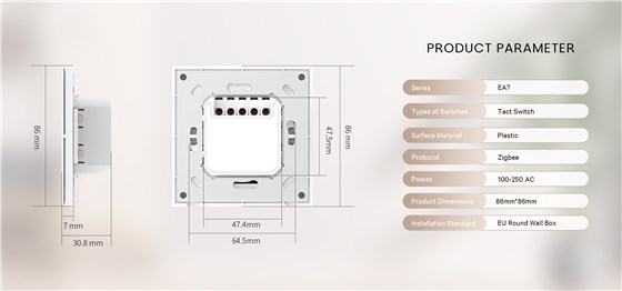 EA7 Smart Panel Technical Specs: Zigbee 3.0 Protocol | EU 86x86mm Size | 100V-250V~60Hz | for Hotel or Home Installations