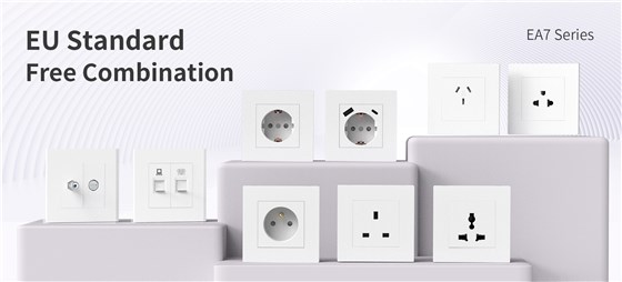 EA7 European modular sockets including Schuko, UK, French, and universal outlets for hotels and residences