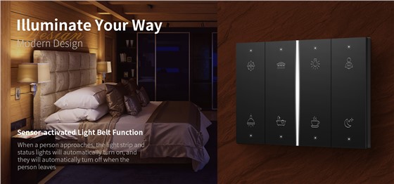 Switch panel with radar sensor light strip for hotel guest room control system 