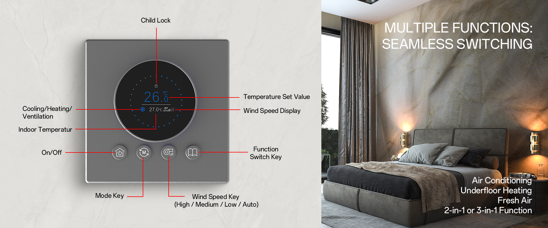 knx smart thermostat for air conditioner, heating, and fresh air