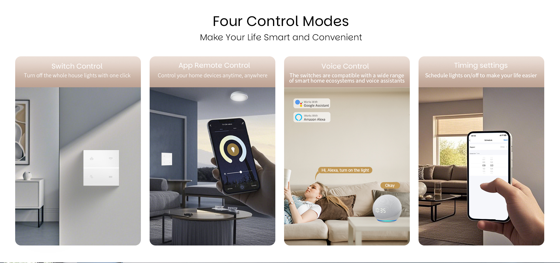 EA7 Zigbee Panel Control Methods: Physical Button, Mobile App, Voice Command (Alexa/Google), Timed Automation for Rooms