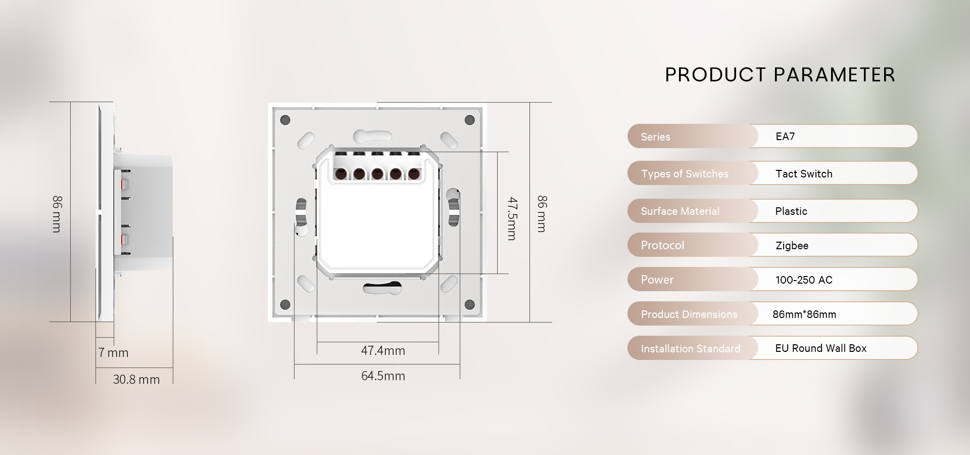 EA7 Smart Panel Technical Specs: Zigbee 3.0 Protocol | EU 86x86mm Size | 100V-250V~60Hz | for Hotel or Home Installations