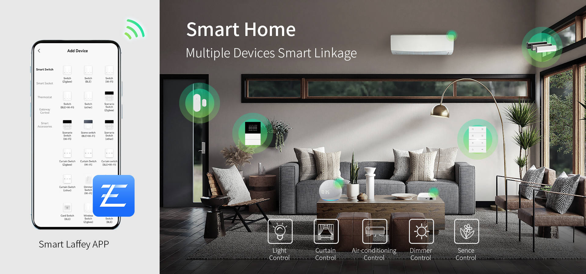 smartlaffey app control for switch, curtain, lighting, thermostat, and scenario.