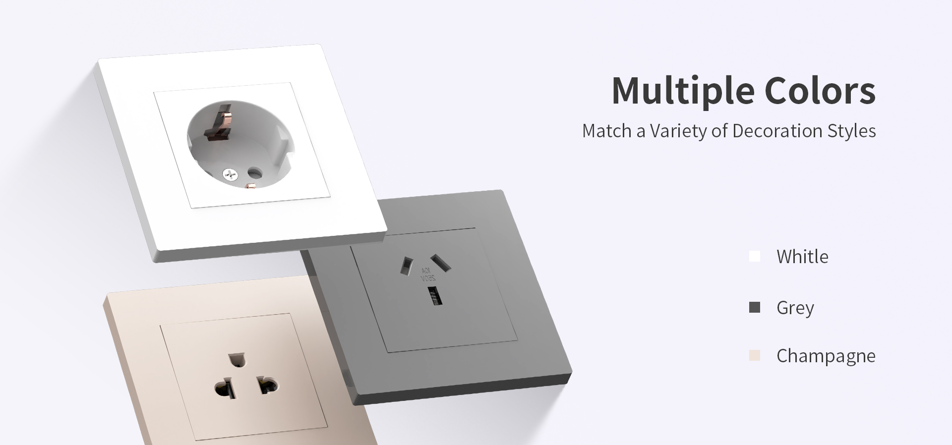 EA7 European sockets offered in white, grey, and champagne gold finishes