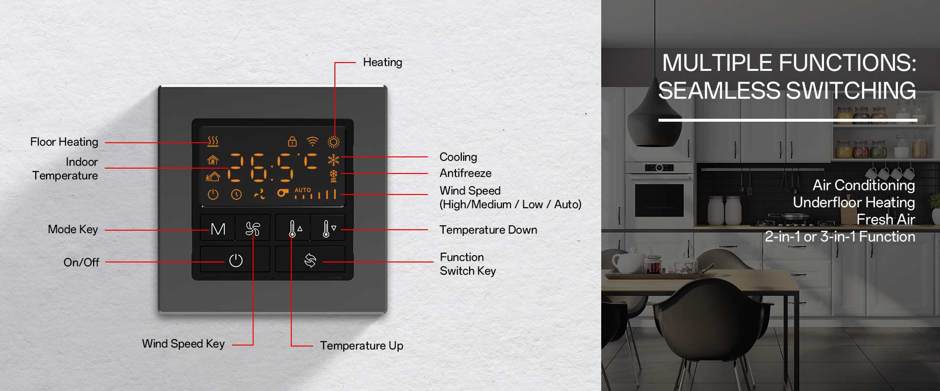 -in-1 thermostat for air conditioning floor heating and ventilation