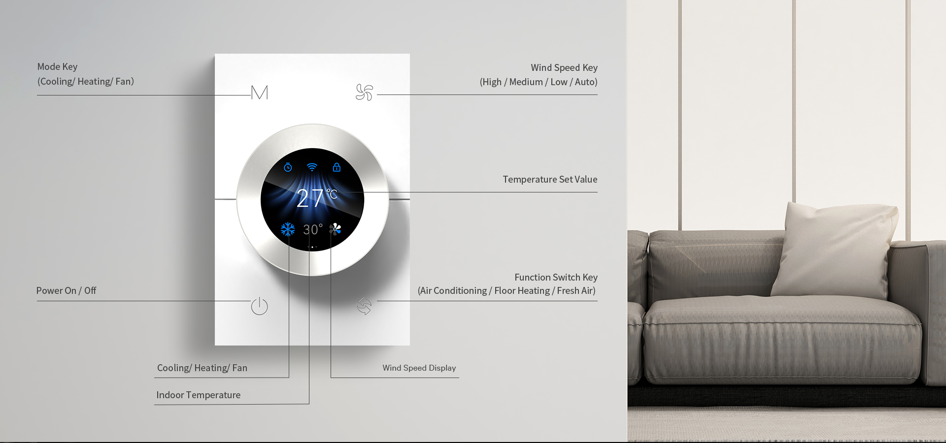 WKX20 smart thermostat with rotary knob and digital display