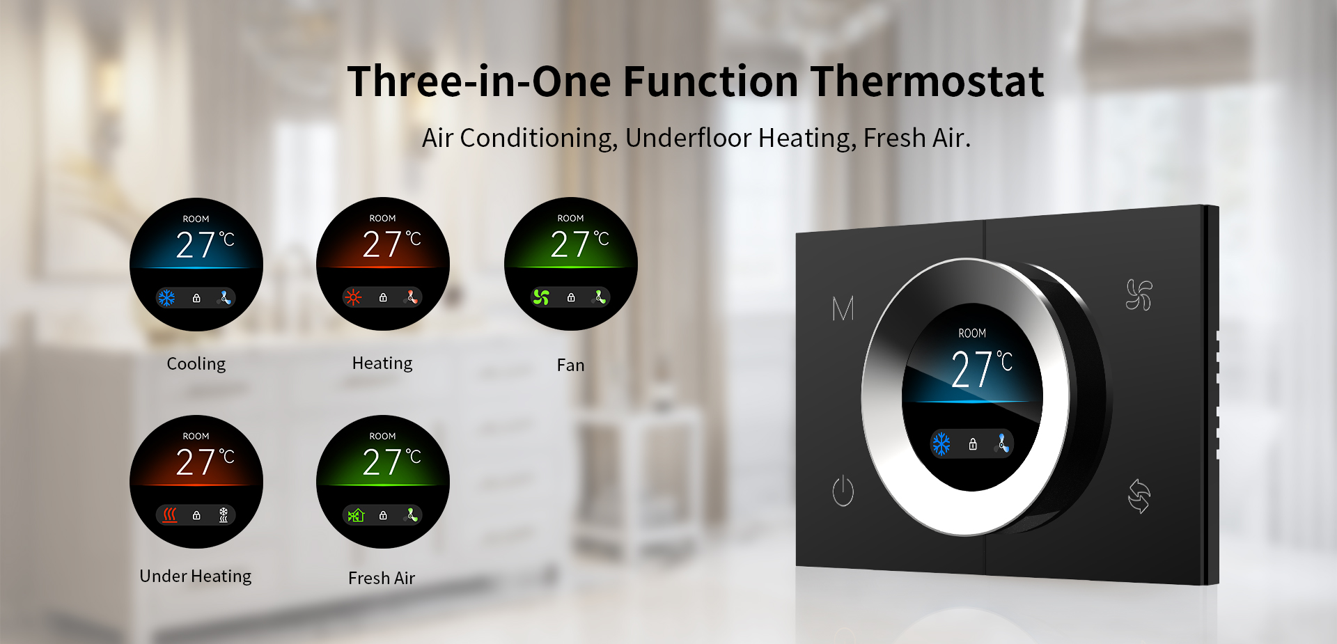 WKX20-B thermostat UI modes for cooling, heating, and fresh air