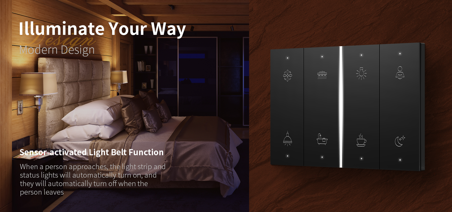 Switch panel with radar sensor light strip for hotel guest room control system 